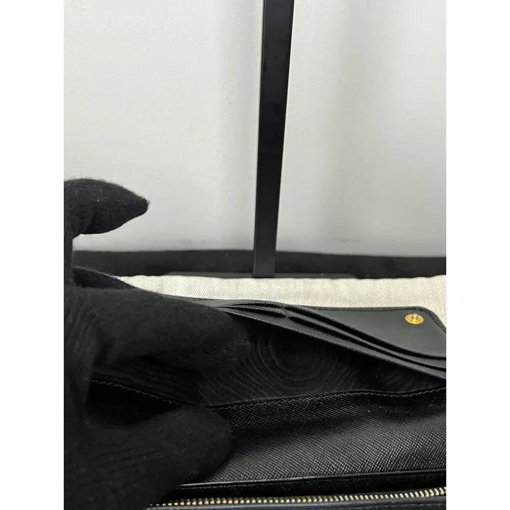 Prada Black Saffiano Leather Continental Flap Wallet Gold Logo Made Italy